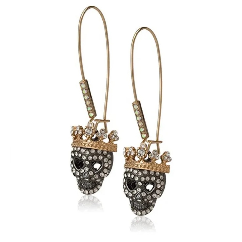 Betsey Johnson Two-Tone Pavé Skull Long Drop Earrings